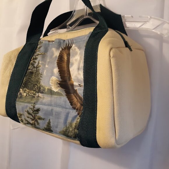 New Denim canvas Mini Duffle Tote Bag Western Eagles Mountains Tan Green arm bag - Picture 3 of 6